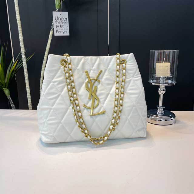 Leather Metal Logo Chained Shoulder Bag