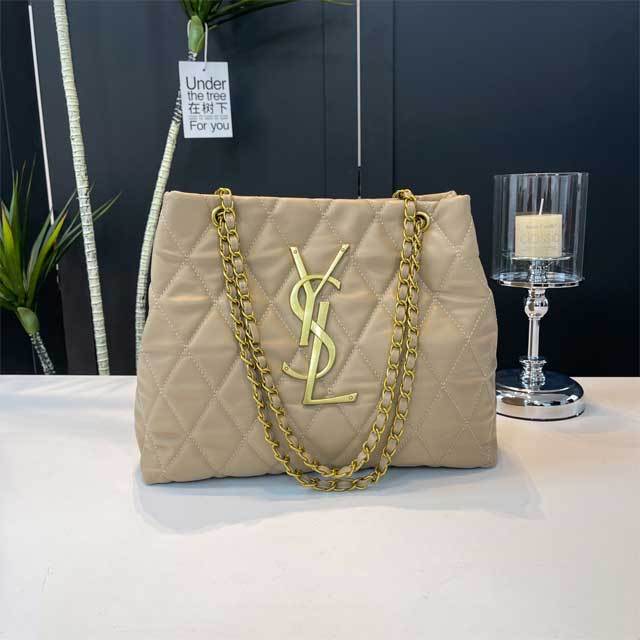 Leather Metal Logo Chained Shoulder Bag