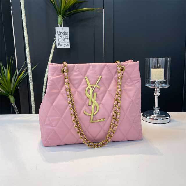 Leather Metal Logo Chained Shoulder Bag