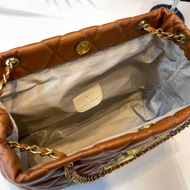 Leather Metal Logo Chained Shoulder Bag