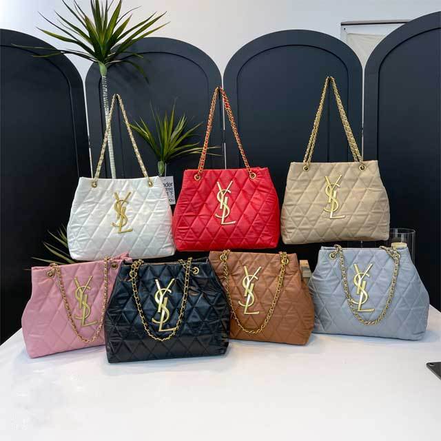 Leather Metal Logo Chained Shoulder Bag