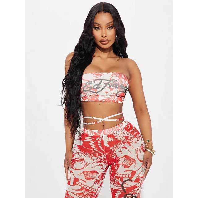 Printed Lace up Tube Top Skinny Pant Set