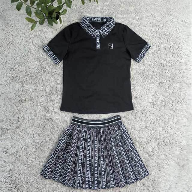 Embroidery Polo Top Pleated Skirt Set