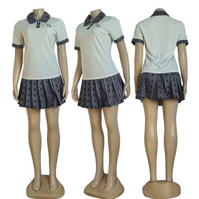 Embroidery Polo Top Pleated Skirt Set