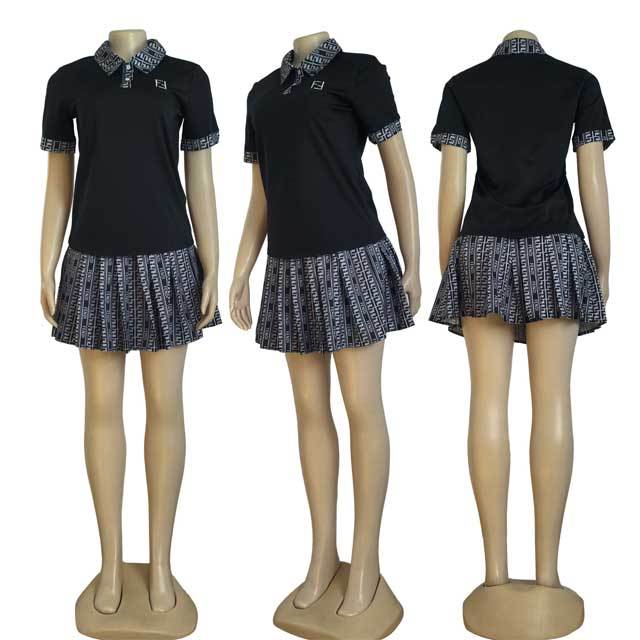 Embroidery Polo Top Pleated Skirt Set