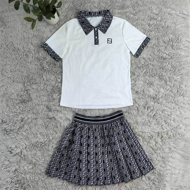 Embroidery Polo Top Pleated Skirt Set