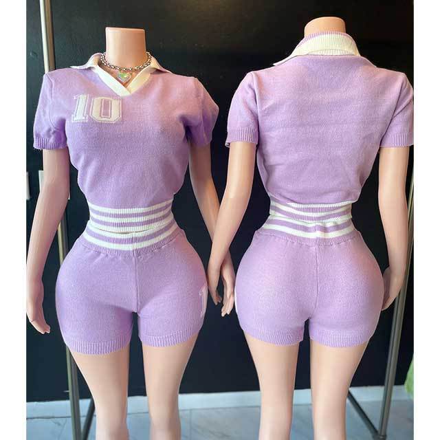 High Elastic Knitting Casual Style Short Set
