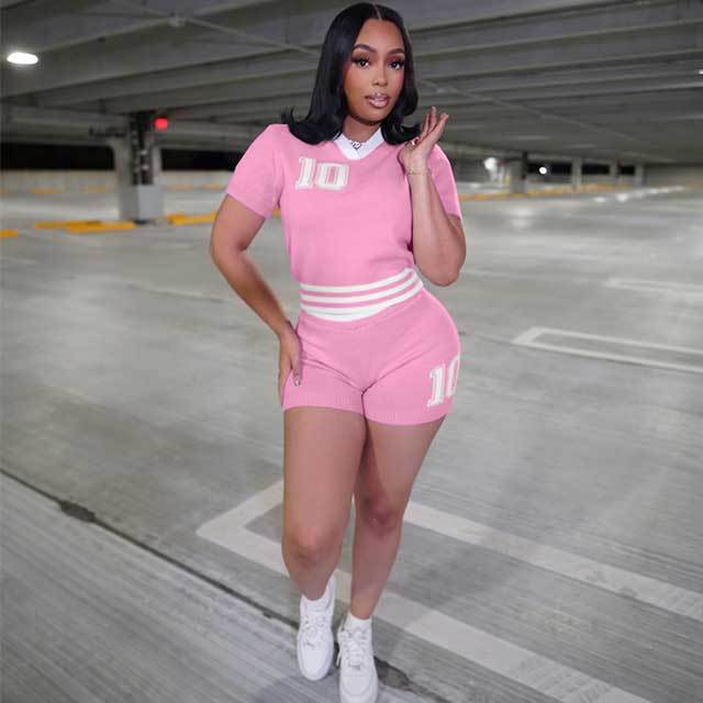 High Elastic Knitting Casual Style Short Set