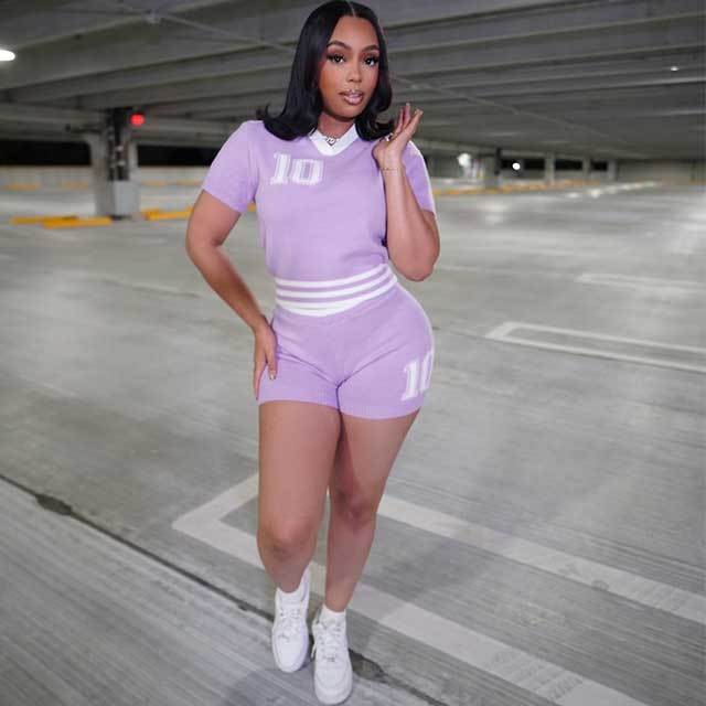 High Elastic Knitting Casual Style Short Set