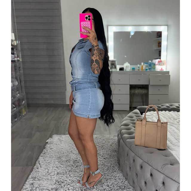 Buttons Down Belted Slim Denim Dress