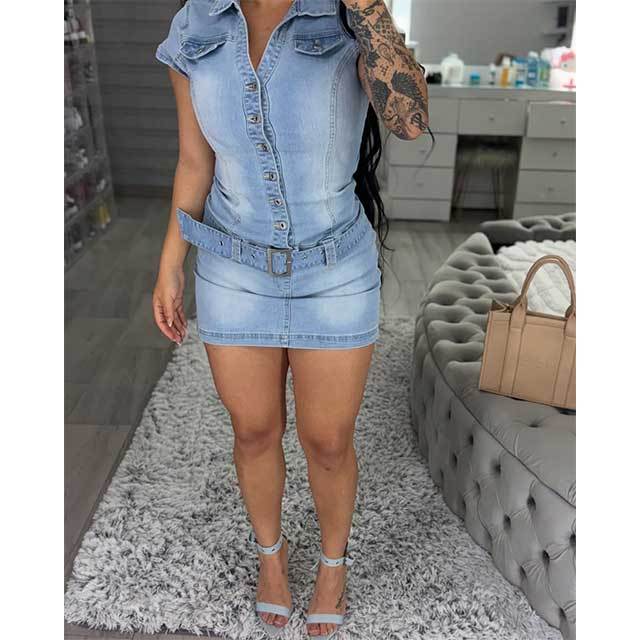Buttons Down Belted Slim Denim Dress