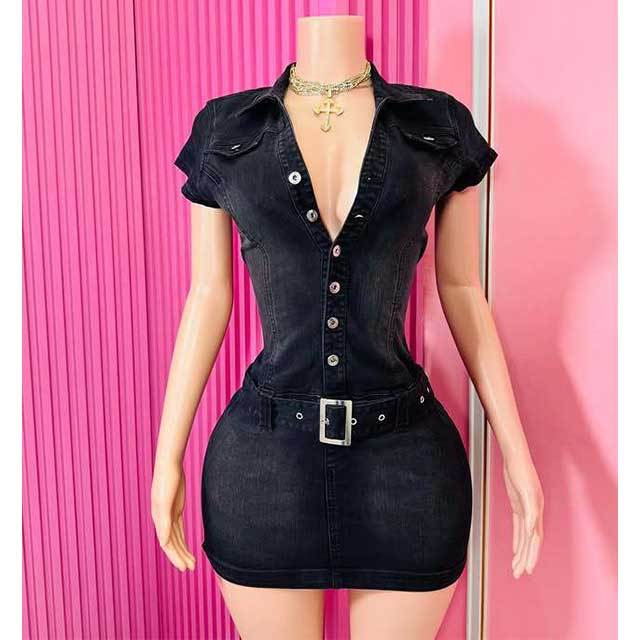 Buttons Down Belted Slim Denim Dress