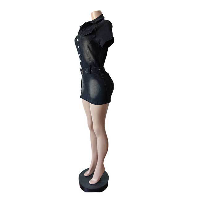 Buttons Down Belted Slim Denim Dress
