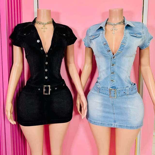 Buttons Down Belted Slim Denim Dress