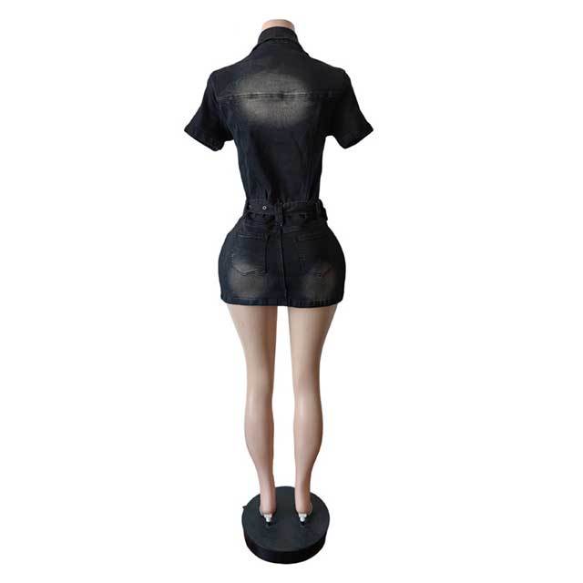Buttons Down Belted Slim Denim Dress