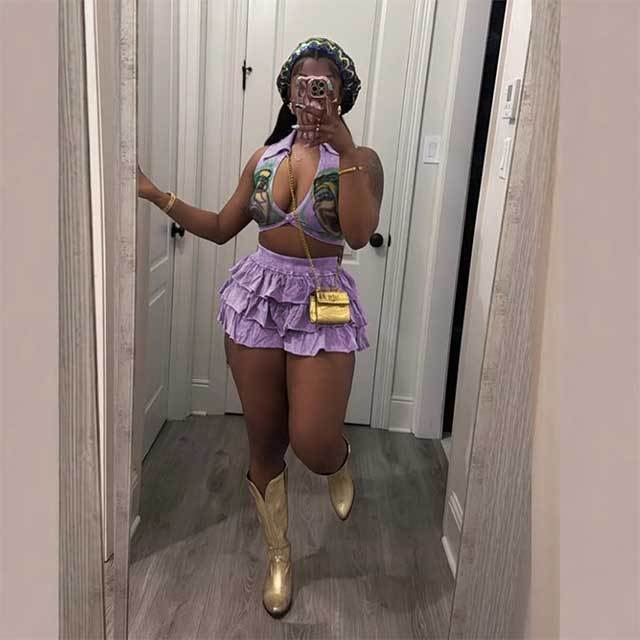 Deep V Neck Printed Crop Top Ruffled Short Set
