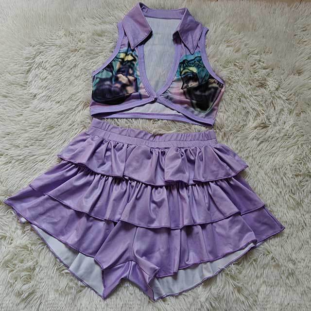 Deep V Neck Printed Crop Top Ruffled Short Set