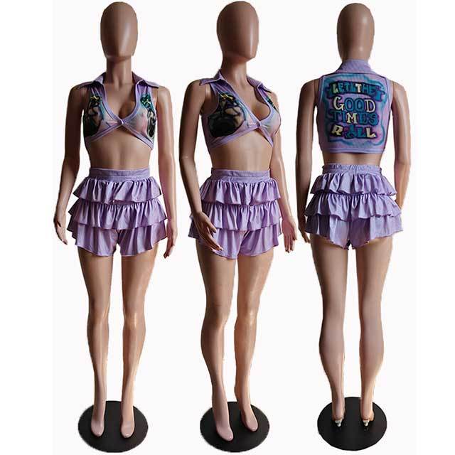 Deep V Neck Printed Crop Top Ruffled Short Set