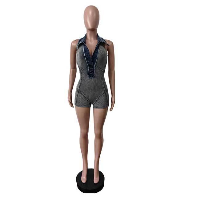 Halter V Neck Denim Patchwork Slim Romper