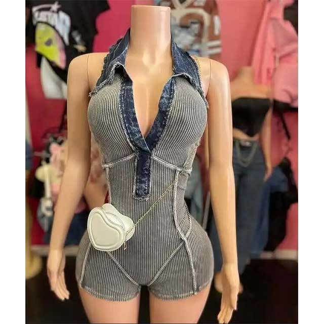 Halter V Neck Denim Patchwork Slim Romper