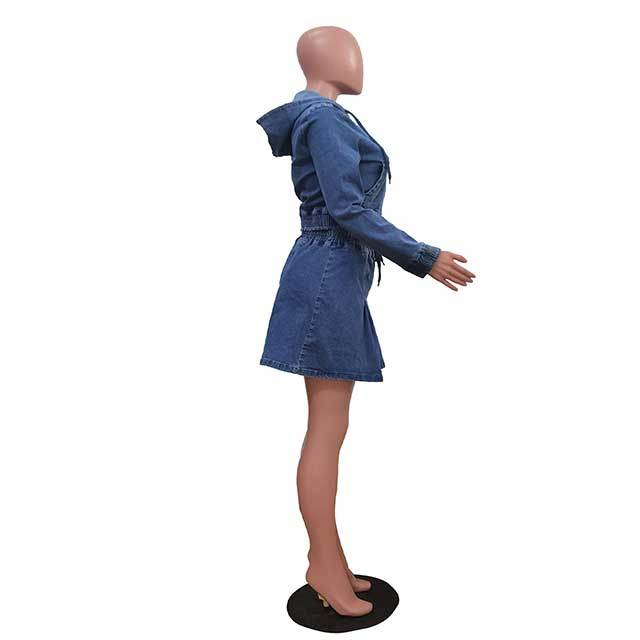 Streetwear Style Washed Denim Hooded Top Skirt Set