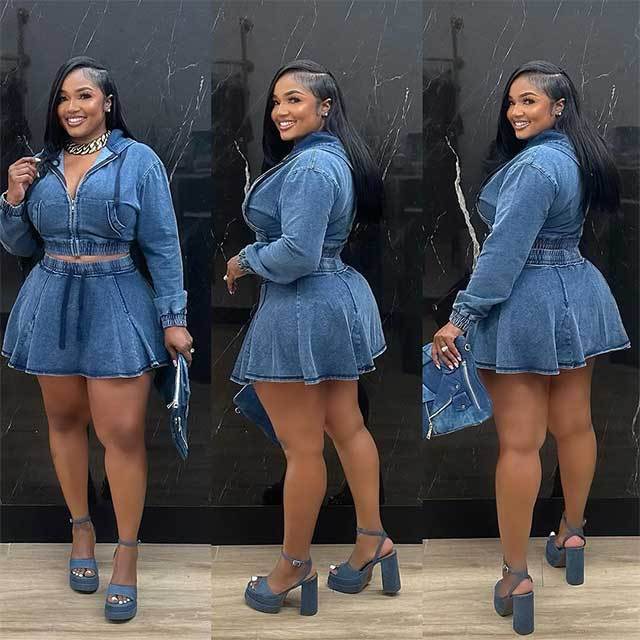 Streetwear Style Washed Denim Hooded Top Skirt Set