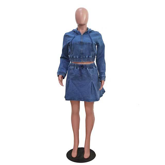 Streetwear Style Washed Denim Hooded Top Skirt Set