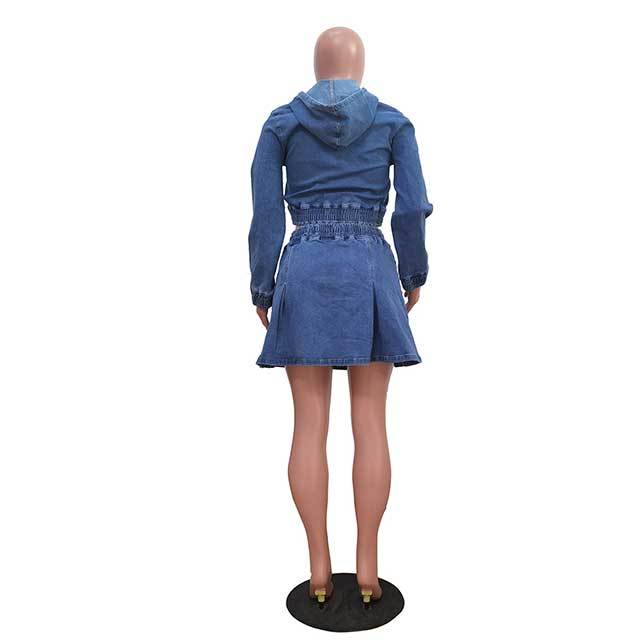 Streetwear Style Washed Denim Hooded Top Skirt Set