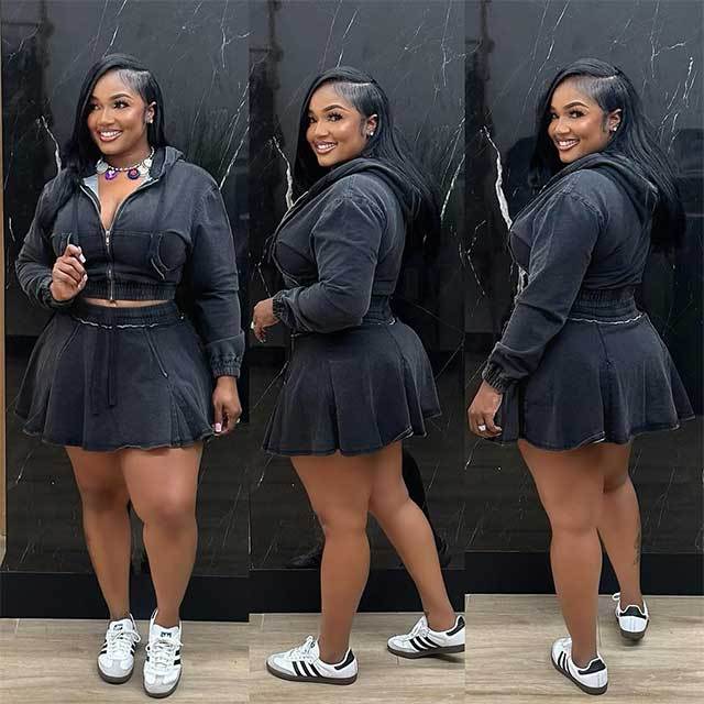 Streetwear Style Washed Denim Hooded Top Skirt Set