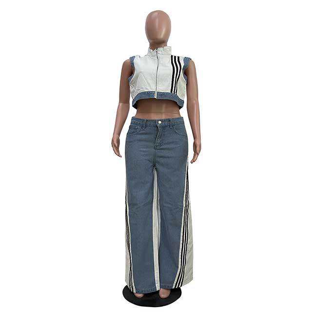 Striped Zipper Up Tank Top Wide Legs Denim Pant Set
