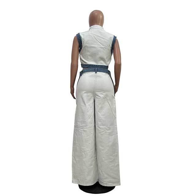 Striped Zipper Up Tank Top Wide Legs Denim Pant Set