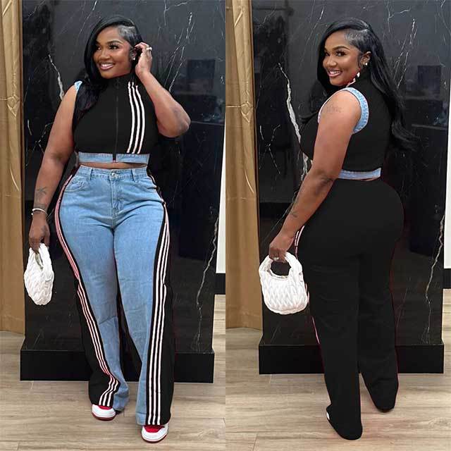 Striped Zipper Up Tank Top Wide Legs Denim Pant Set