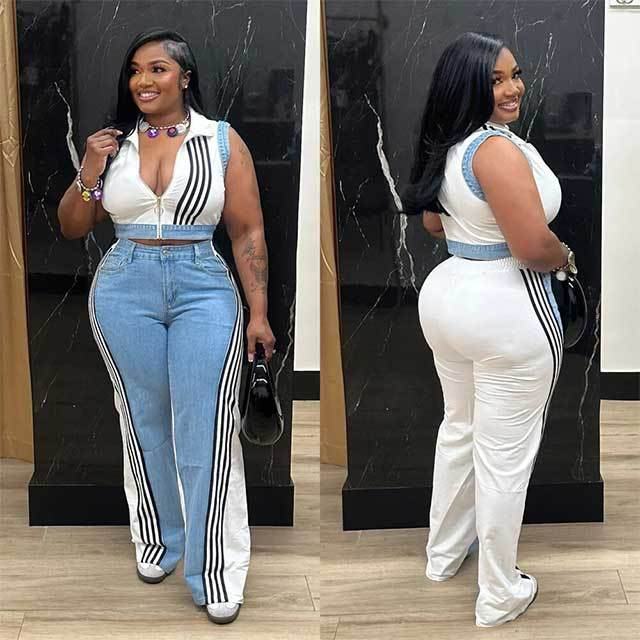 Striped Zipper Up Tank Top Wide Legs Denim Pant Set