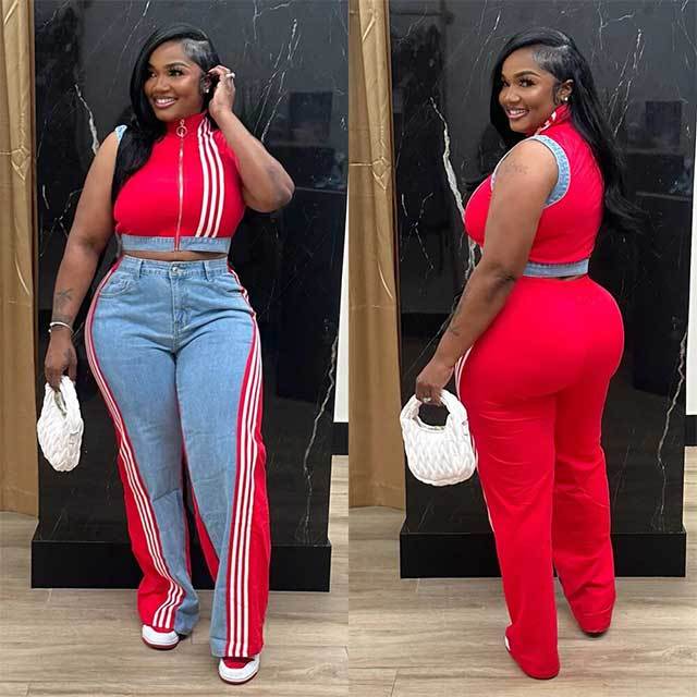 Striped Zipper Up Tank Top Wide Legs Denim Pant Set