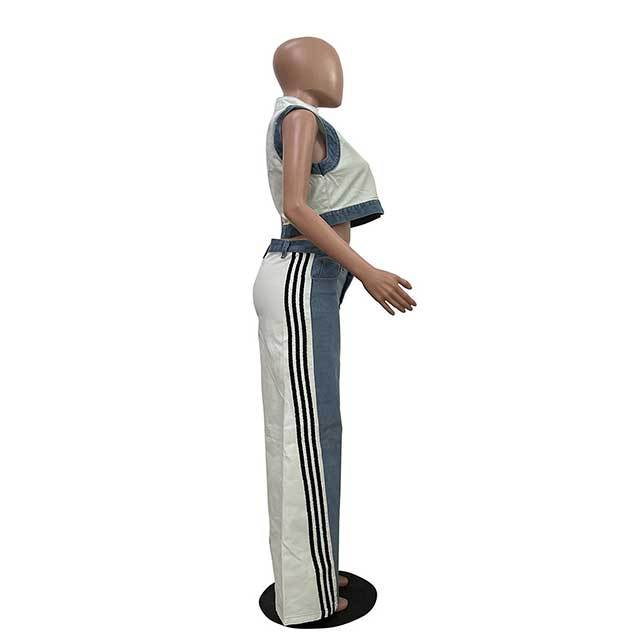 Striped Zipper Up Tank Top Wide Legs Denim Pant Set
