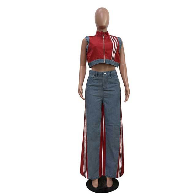 Striped Zipper Up Tank Top Wide Legs Denim Pant Set