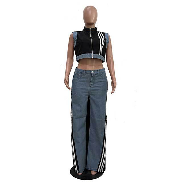 Striped Zipper Up Tank Top Wide Legs Denim Pant Set
