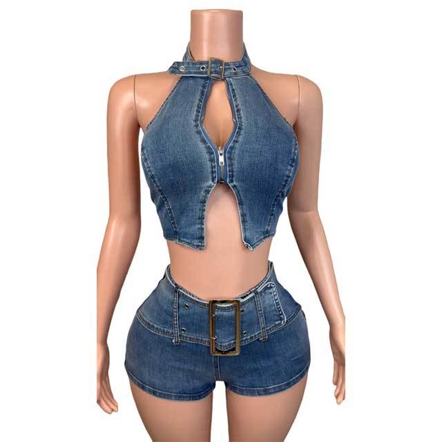 Zipper Up Halter Backless Crop Top Denim Short Set