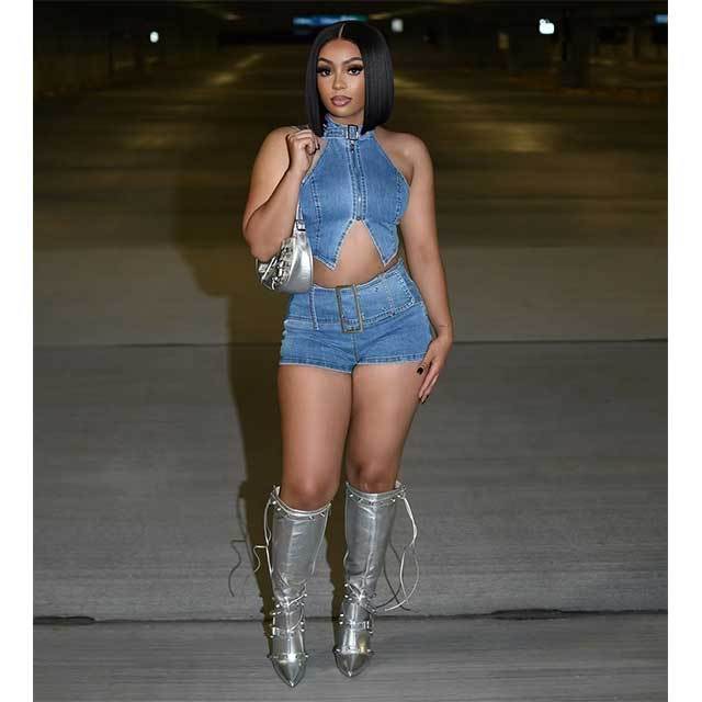Zipper Up Halter Backless Crop Top Denim Short Set