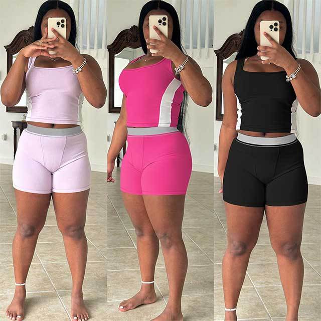 Color Block Sleeveless Tank Top Fitted Short Set