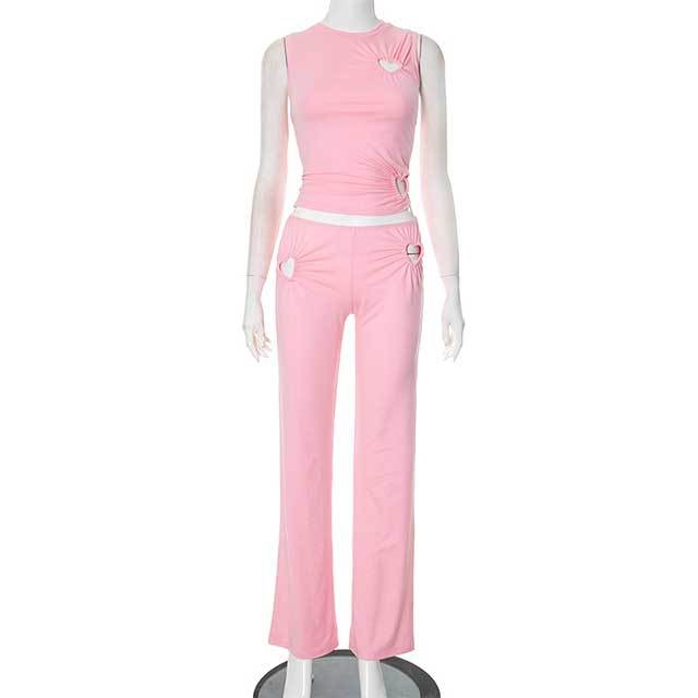 Heart  Shape Hollow Out Design Slim Pant Set