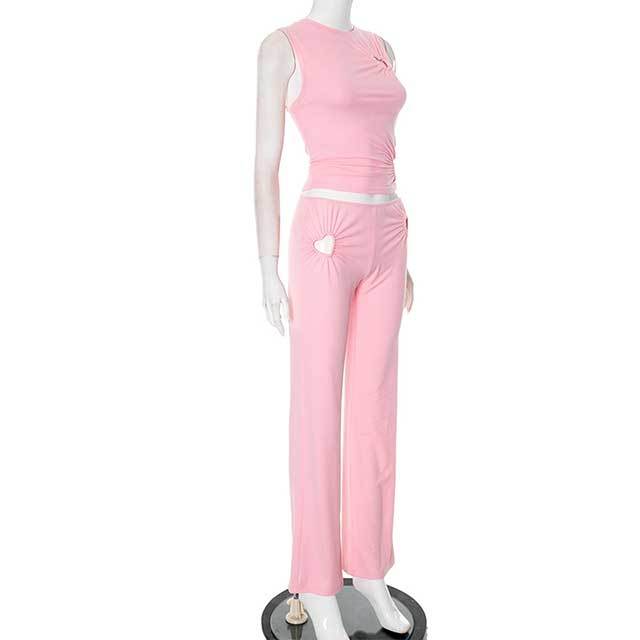 Heart  Shape Hollow Out Design Slim Pant Set