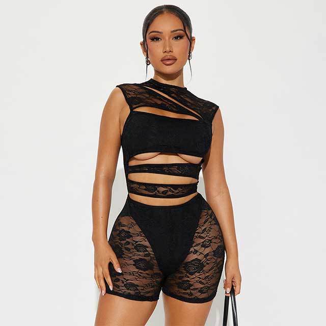 Hollow Out See Through Lace Skinny Romper