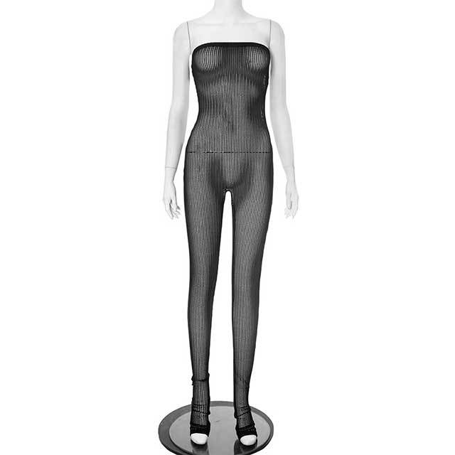 Off Shoulder Hollow Out Mesh Skinny Jumpsuit