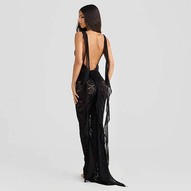 Open Back See Through Lace Maxi Dress