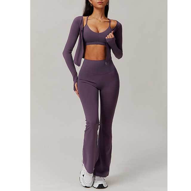 Solid Color 3 Pieces Active Bell Pant Set