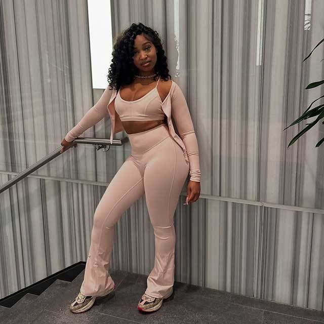 Solid Color 3 Pieces Active Bell Pant Set