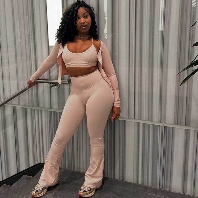 Solid Color 3 Pieces Active Bell Pant Set