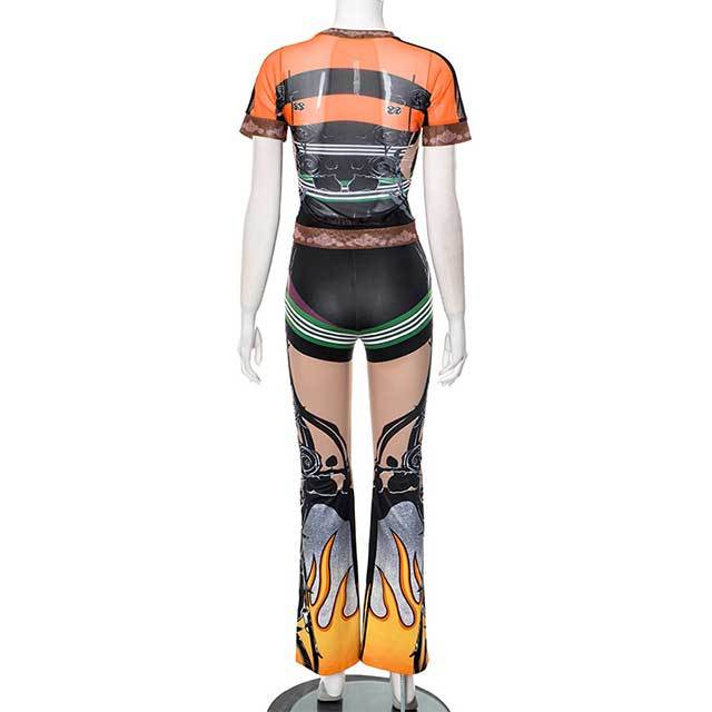 Color Block Printed Sheer Mesh Two Pieces Pant Set