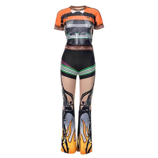 Color Block Printed Sheer Mesh Two Pieces Pant Set